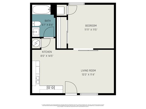 Floor plan for 1 bed, 1 bath, 566 sqft